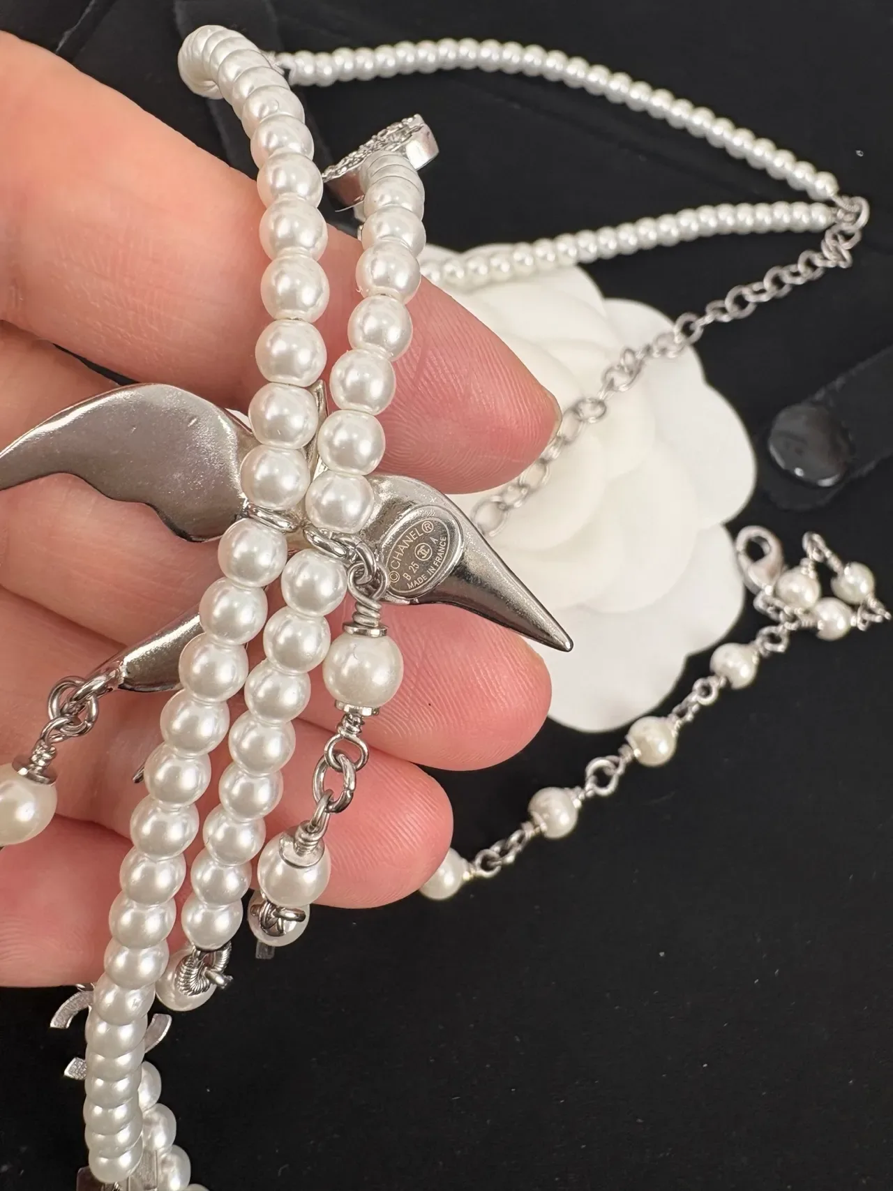 Chanel White Silver Pearl Strand Crystal-Embellished Bird Pendant Necklace 6