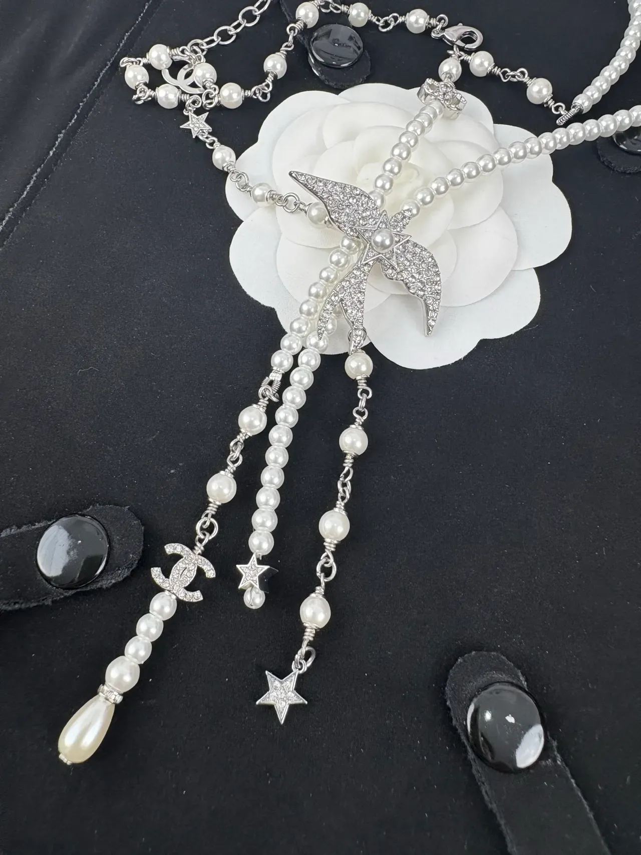Chanel White Silver Pearl Strand Crystal-Embellished Bird Pendant Necklace 7
