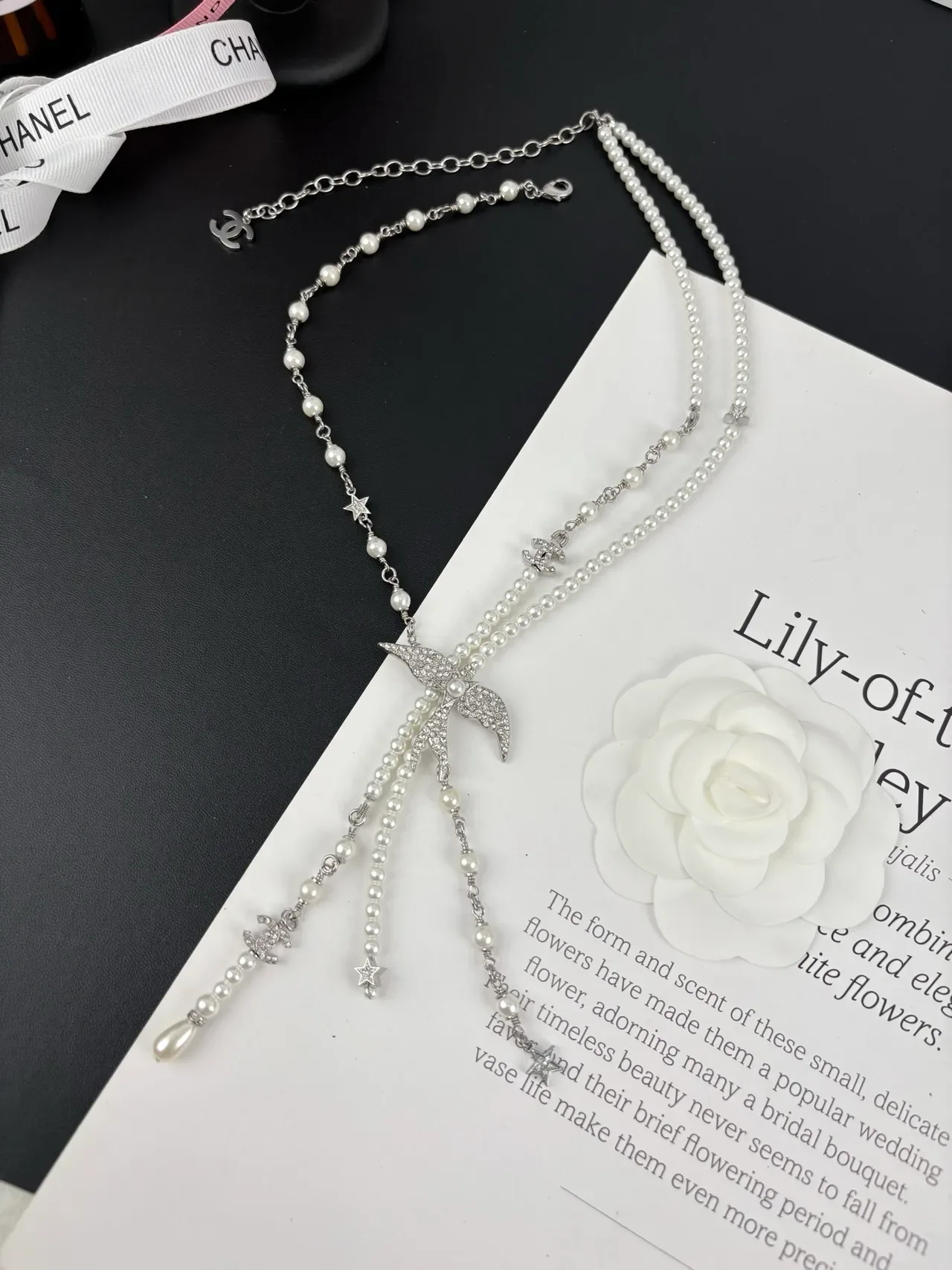 Chanel White Silver Pearl Strand Crystal-Embellished Bird Pendant Necklace 8