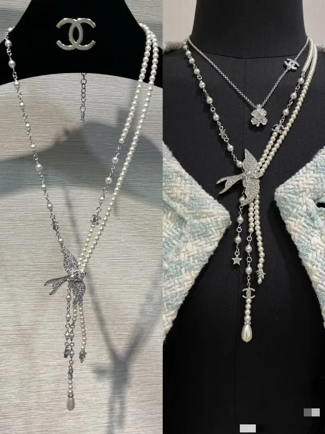 Chanel White Silver Pearl Strand Crystal-Embellished Bird Pendant Necklace 9