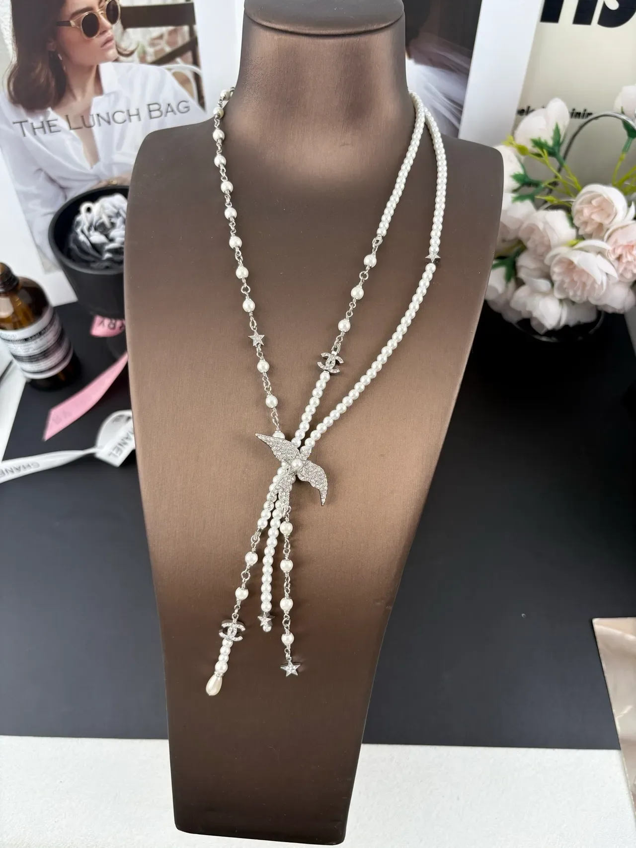 Chanel White Silver Pearl Strand Crystal-Embellished Bird Pendant Necklace 10