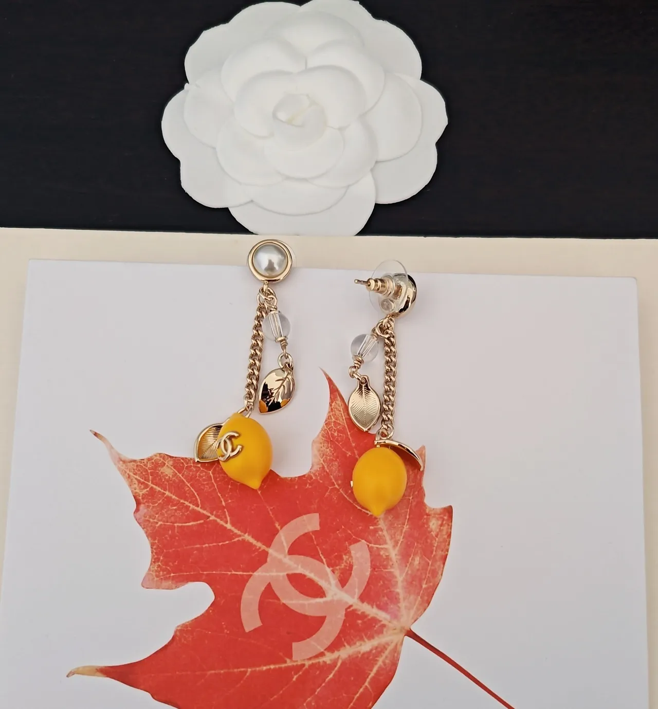 Chanel Yellow Gold Pearl-Stud Top Chain-Drop Dangle Earrings 3