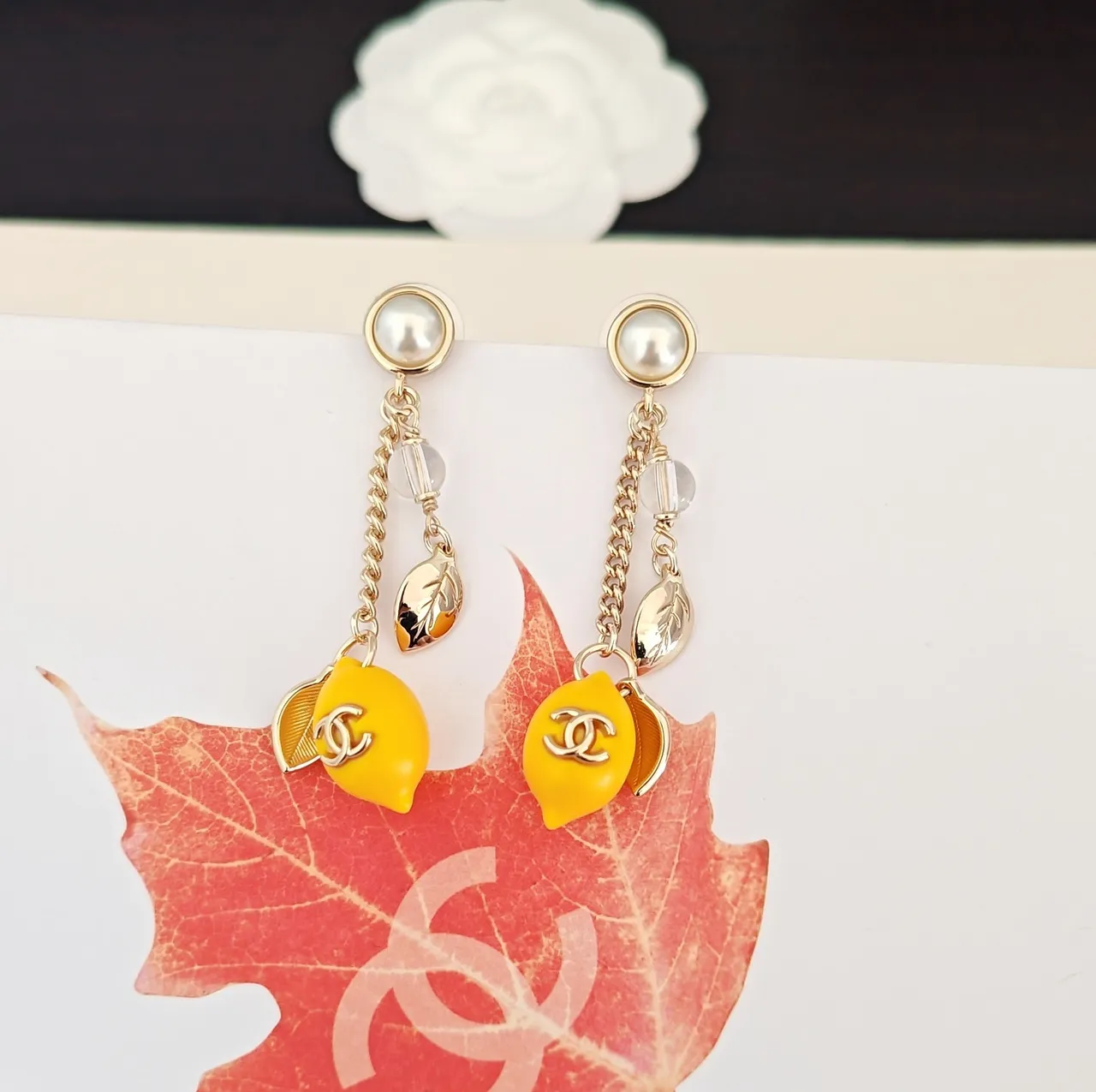 Chanel Yellow Gold Pearl-Stud Top Chain-Drop Dangle Earrings 4