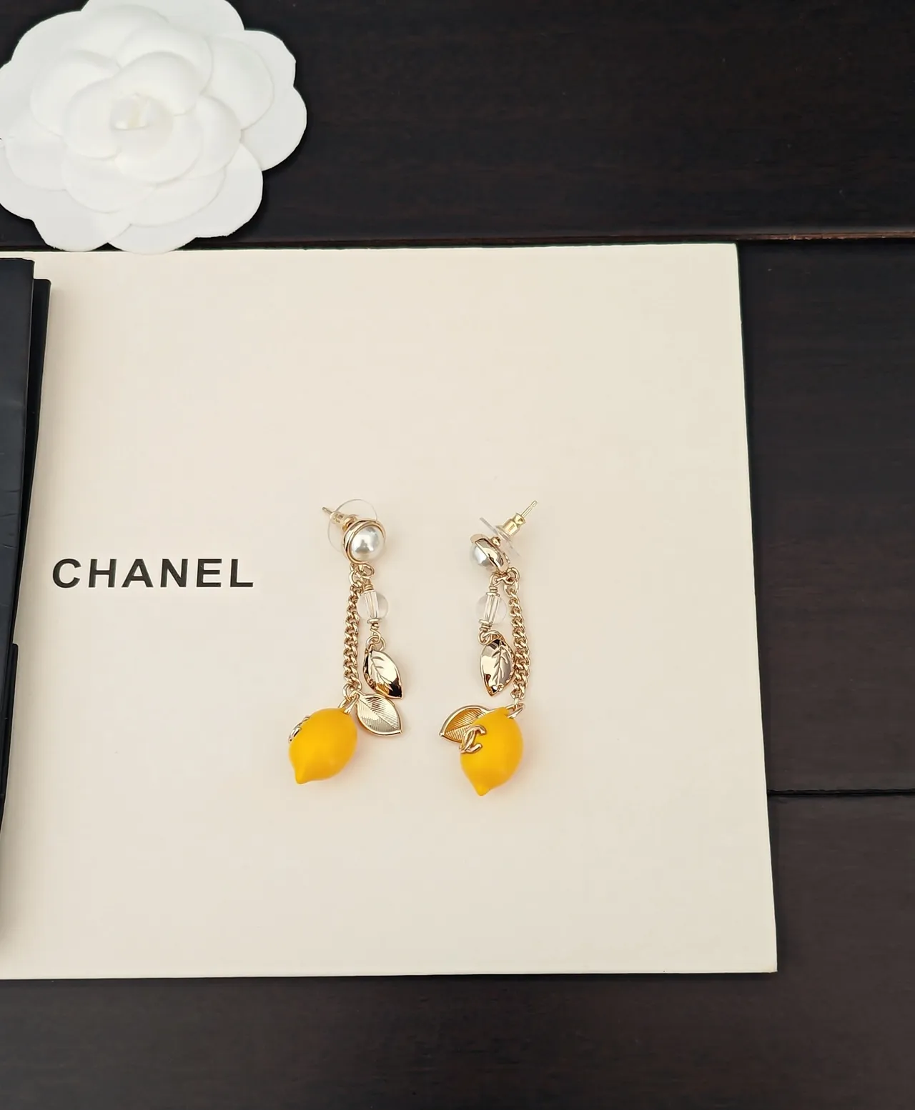 Chanel Yellow Gold Pearl-Stud Top Chain-Drop Dangle Earrings 5