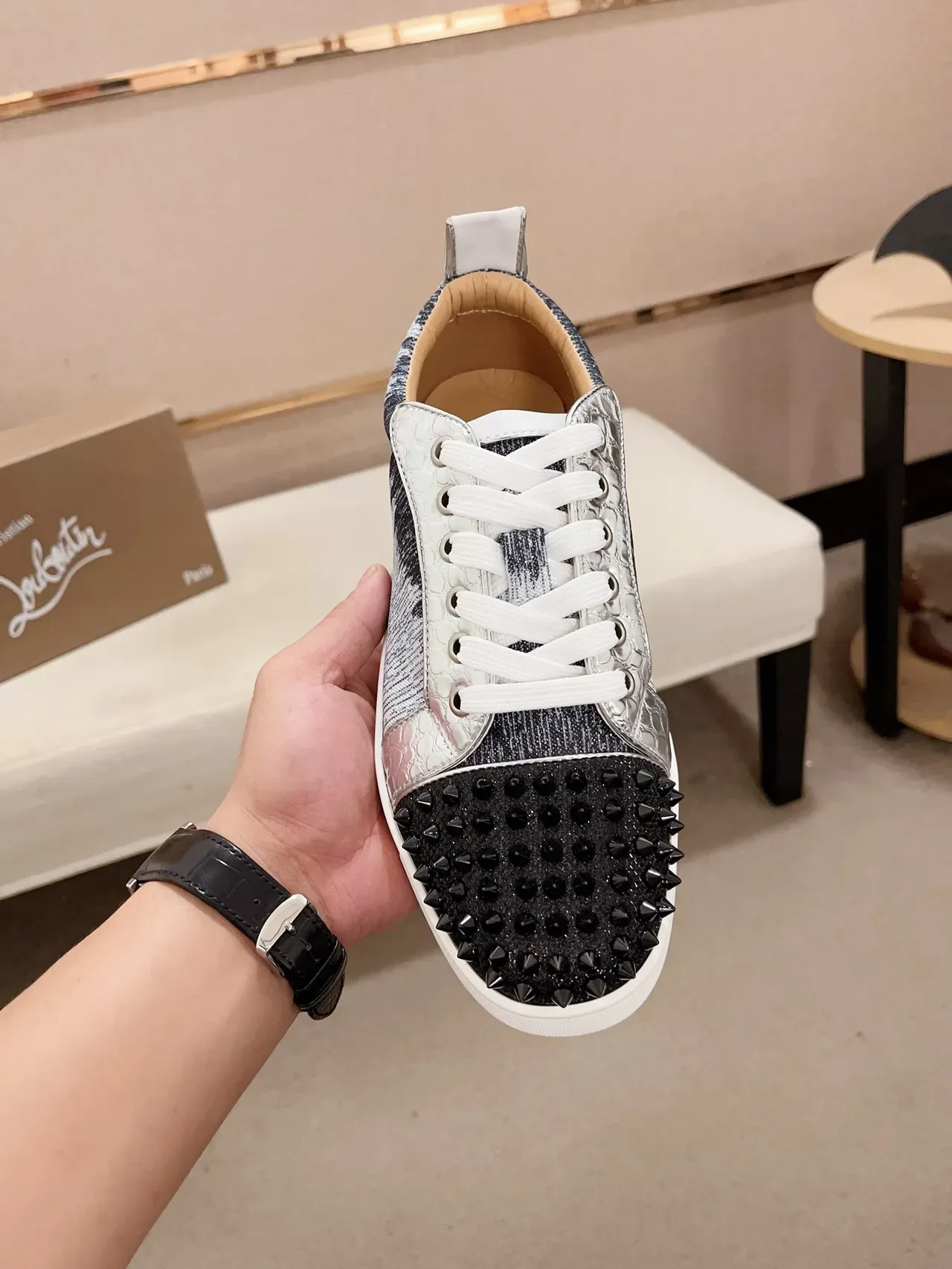 Christian Louboutin Black Blue Spiked Toe Cap Knit Gradient Upper Sneakers 5