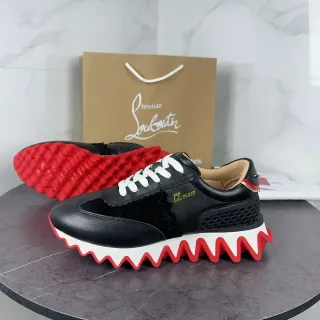 Christian Louboutin Black Red Leather And Suede Hybrid Upper Scalloped Collar Detail Lifestyle Sneakers