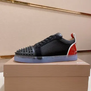 Christian Louboutin Black Red Spiked Toe Mesh-Suede Hybrid Upper Lifestyle Sneakers