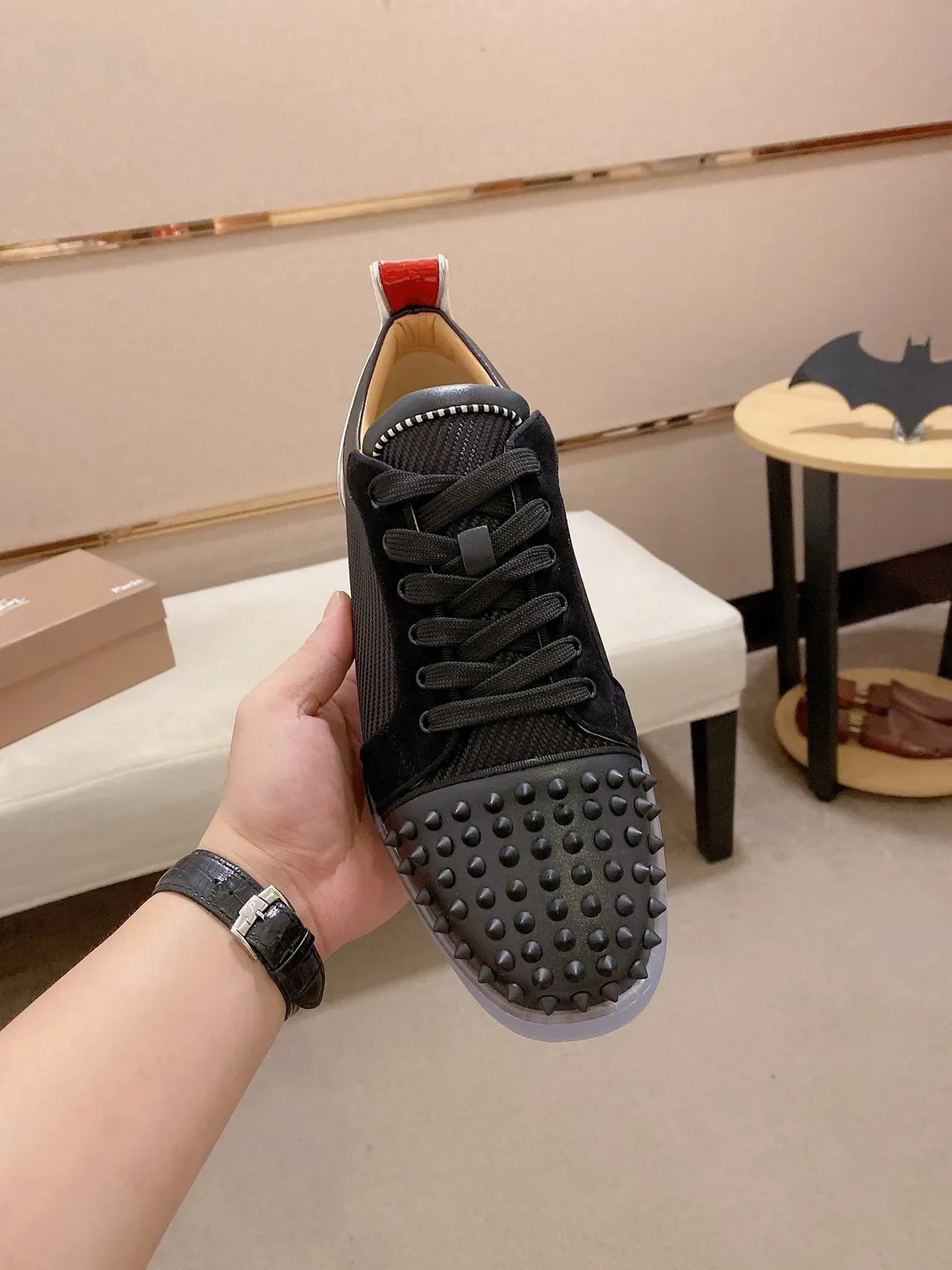 Christian Louboutin Preto Vermelho Dedo Spiked Malha-Suede Híbrido Superior Tênis Lifestyle 2
