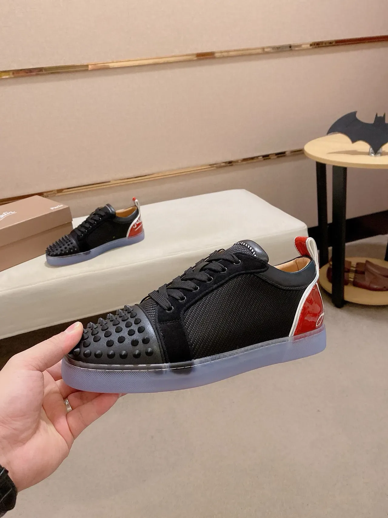 Christian Louboutin Preto Vermelho Dedo Spiked Malha-Suede Híbrido Superior Tênis Lifestyle 3