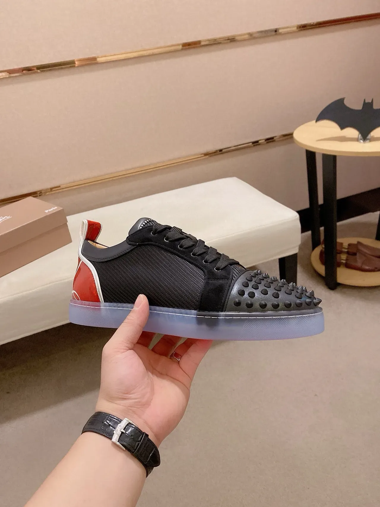 Christian Louboutin Preto Vermelho Dedo Spiked Malha-Suede Híbrido Superior Tênis Lifestyle 4