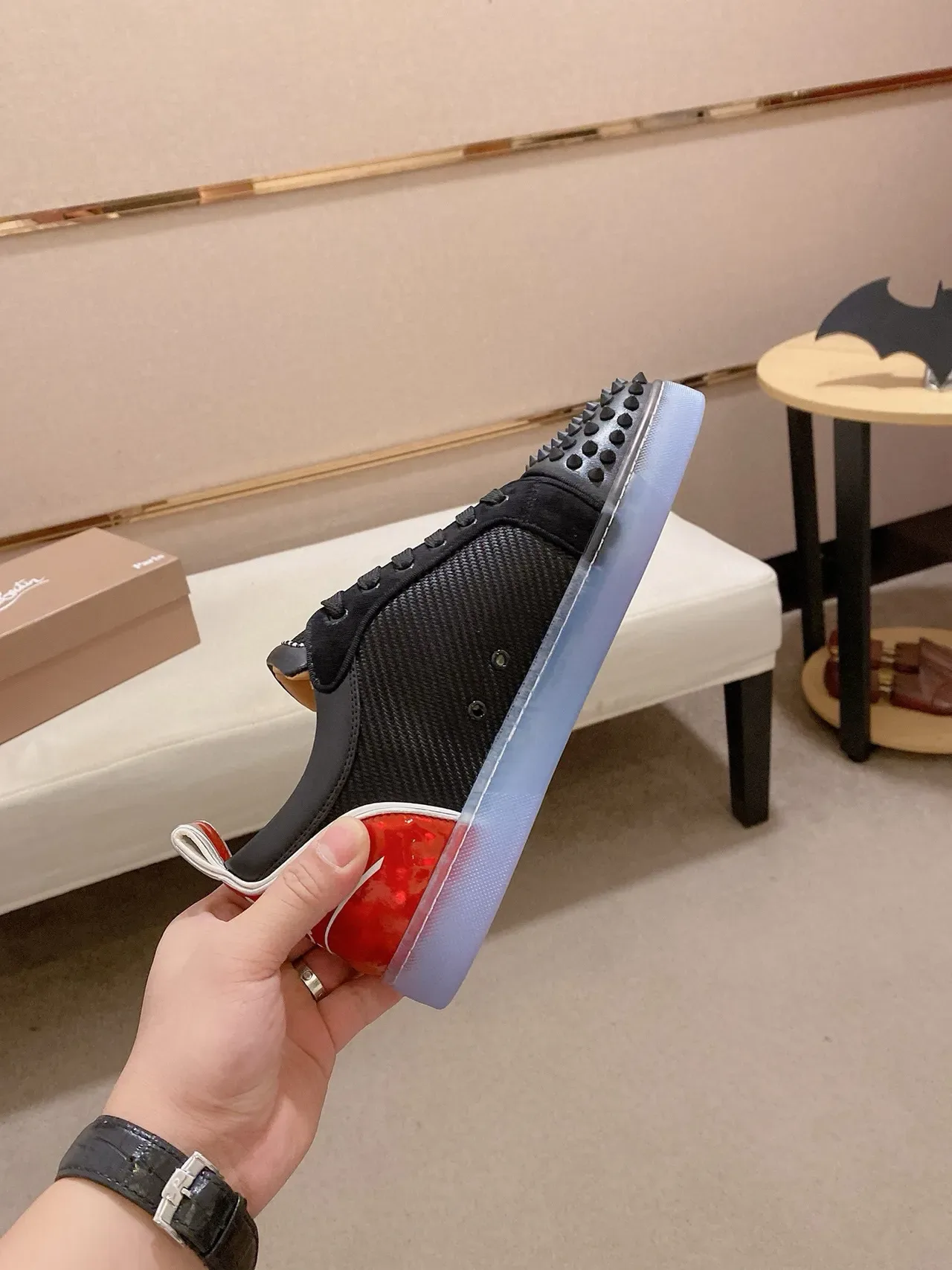 Christian Louboutin Preto Vermelho Dedo Spiked Malha-Suede Híbrido Superior Tênis Lifestyle 5