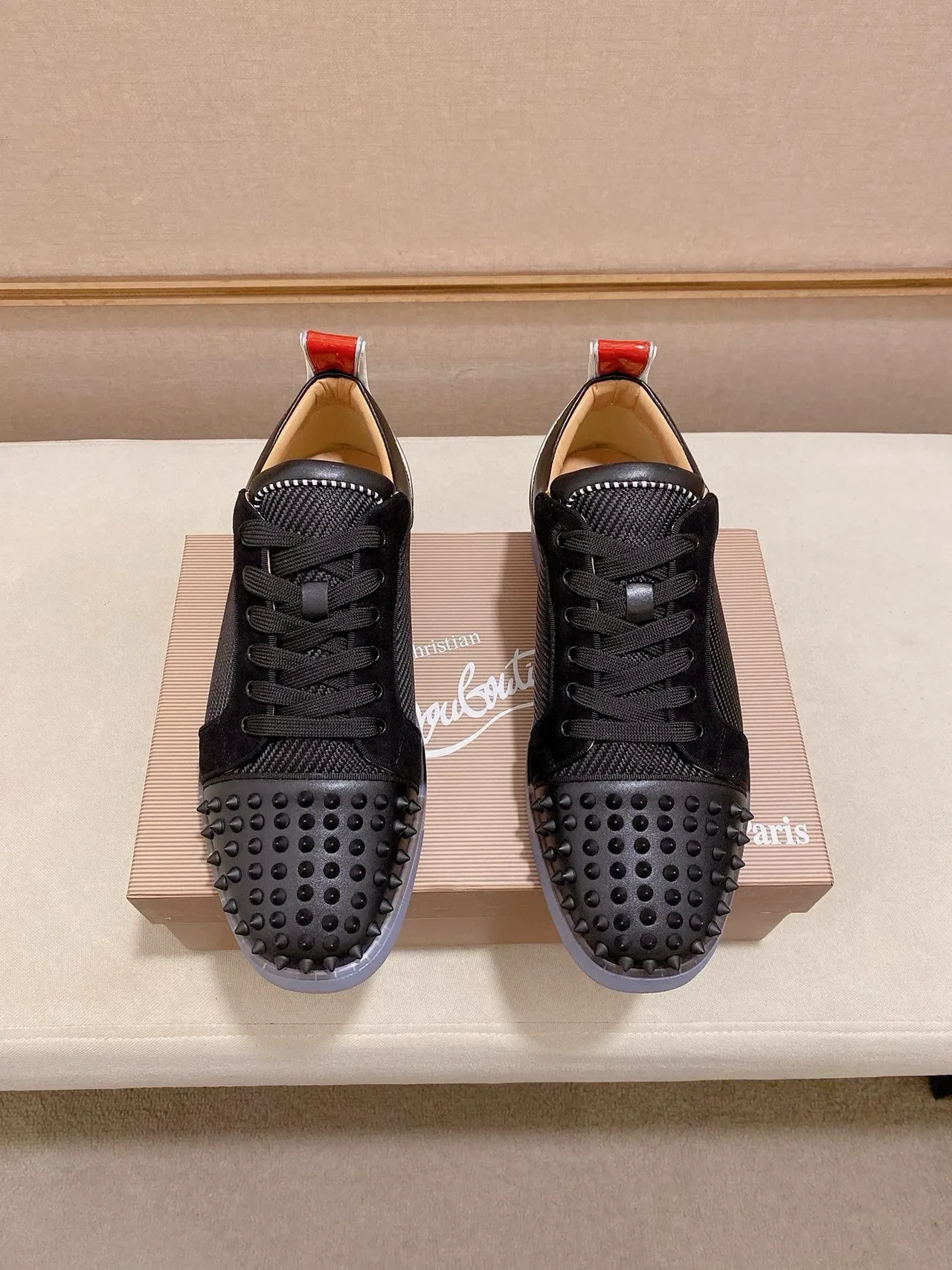 Christian Louboutin Preto Vermelho Dedo Spiked Malha-Suede Híbrido Superior Tênis Lifestyle 7