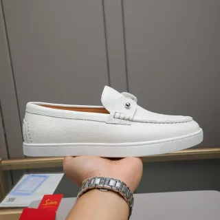Christian Louboutin White Pebbled Leather Moc-Toe Stitching Loafer
