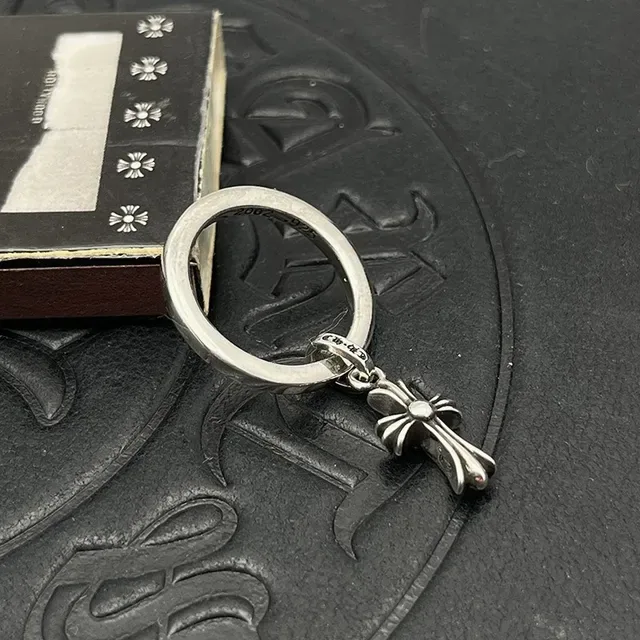 Chrome Hearts Anéis de Prata Gravados com Cruz e Floral 5