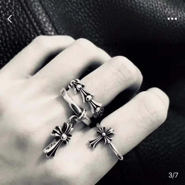 Chrome Hearts Anéis de Prata Gravados com Cruz e Floral 9