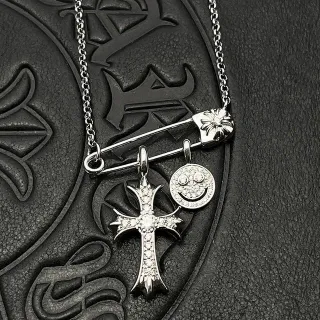 Chrome Hearts Cross and Smiley Safety Pin Charm Necklace