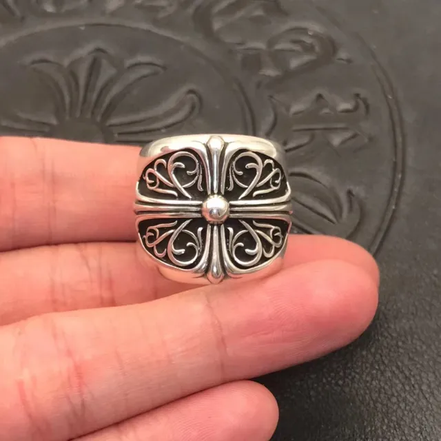 Chrome Hearts Anel Cruz Filigranado Prata Ornado Faixa Larga 3