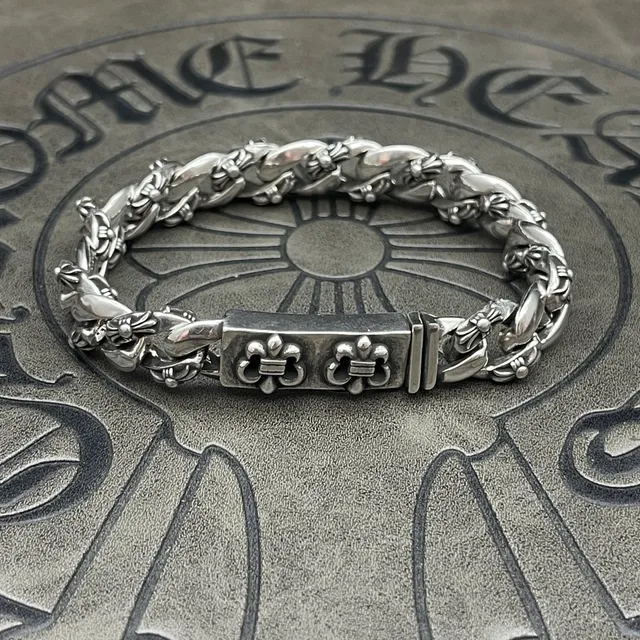 Chrome Hearts Curb Chain Silver Heavy Ornate Floral Scrollwork Bracelet 6