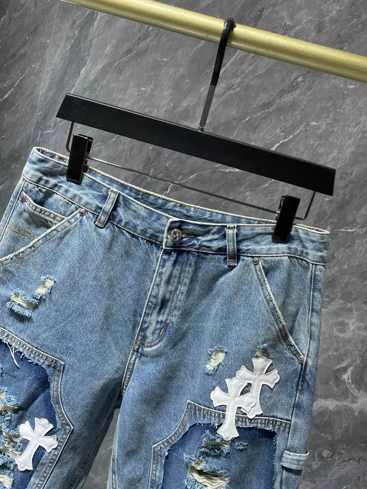 Chrome Hearts Distressed Patched Cross Embroidery Denim Shorts 2