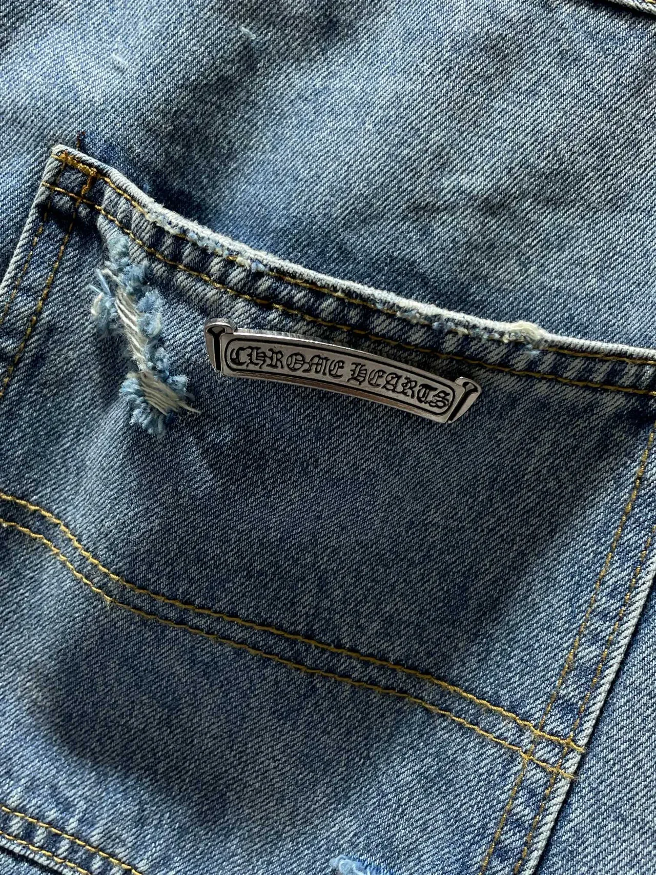 Chrome Hearts Distressed Patched Cross Embroidery Denim Shorts 6