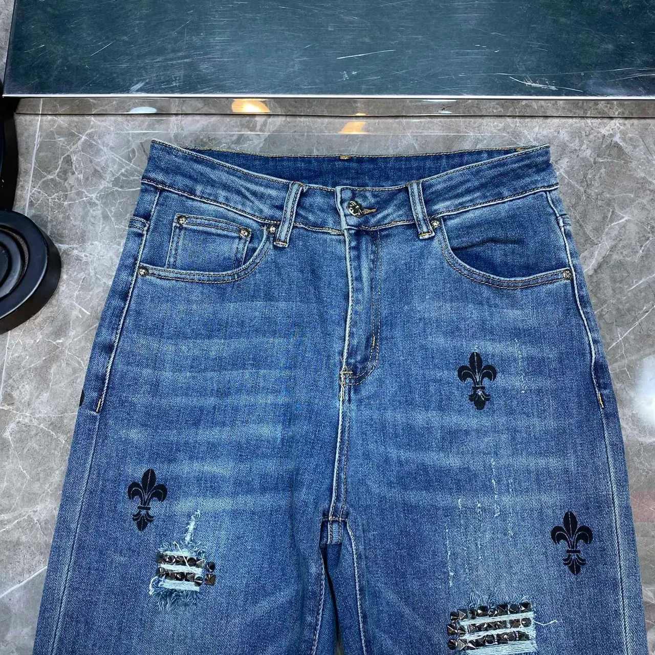 Chrome Hearts Embroidered Fleur-de-Lis Distressed Slim-Fit Jeans 3