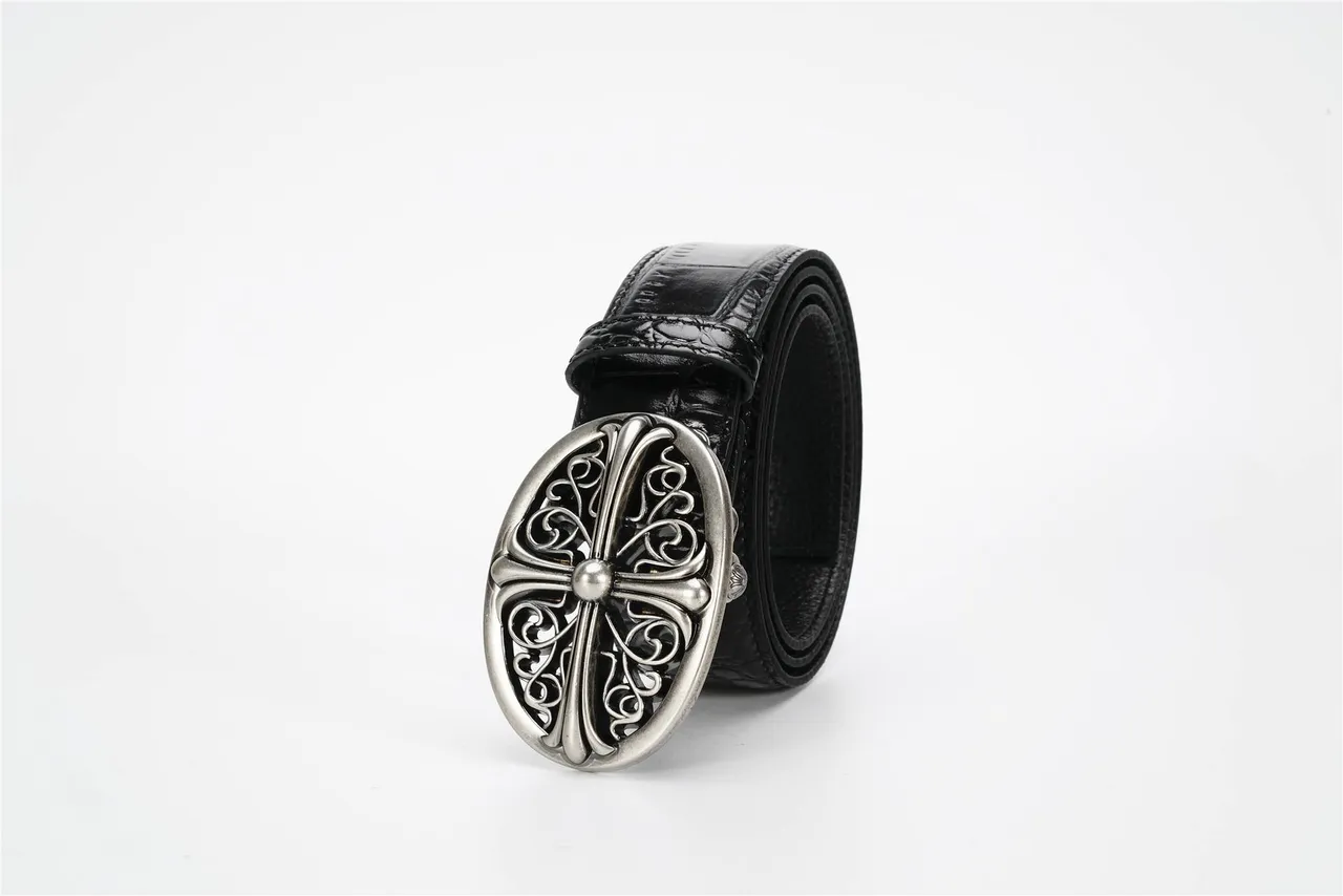 Chrome Hearts Ceinture en cuir de crocodile noir avec filigrane de croix ovale 6