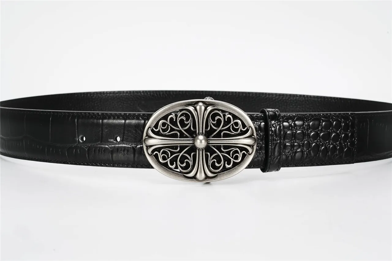 Chrome Hearts Ceinture en cuir de crocodile noir avec filigrane de croix ovale 7