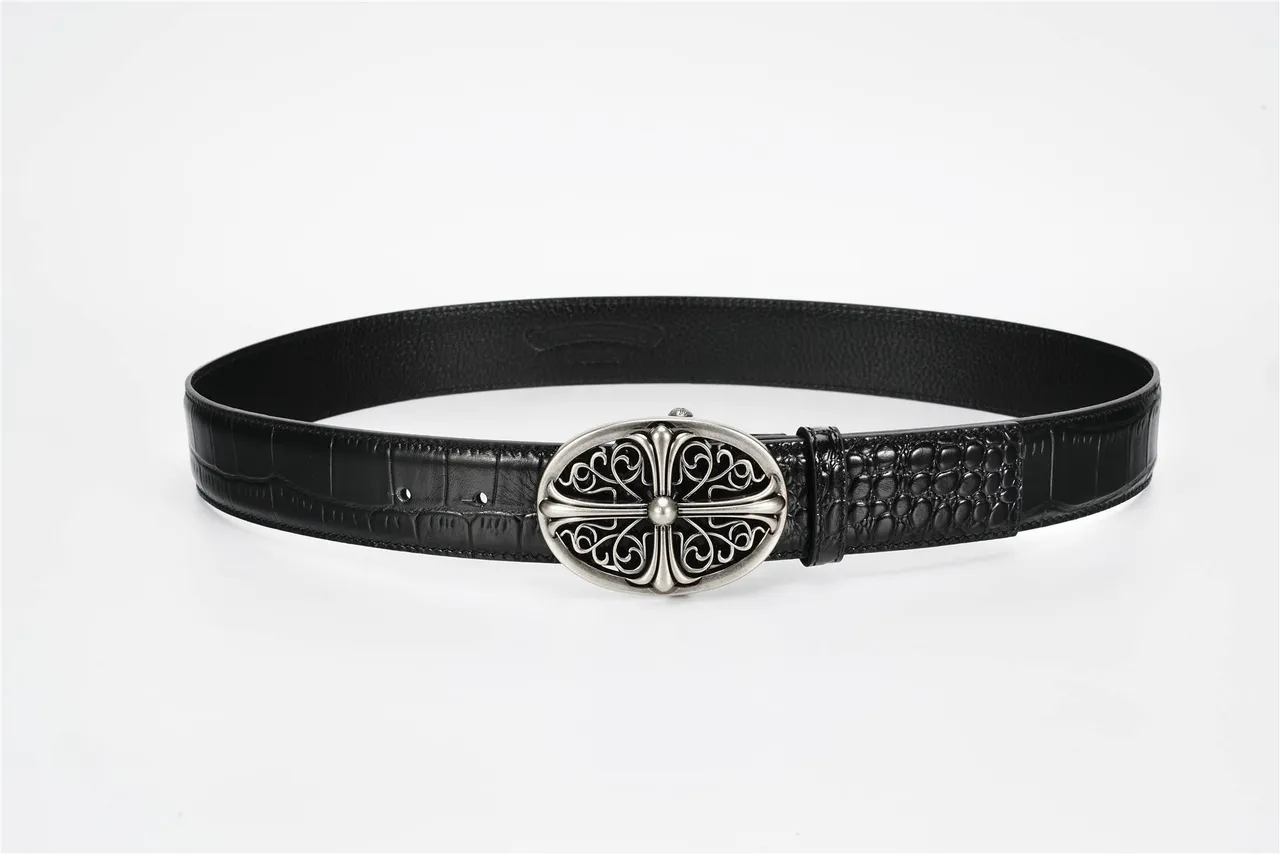 Chrome Hearts Ceinture en cuir de crocodile noir avec filigrane de croix ovale 8