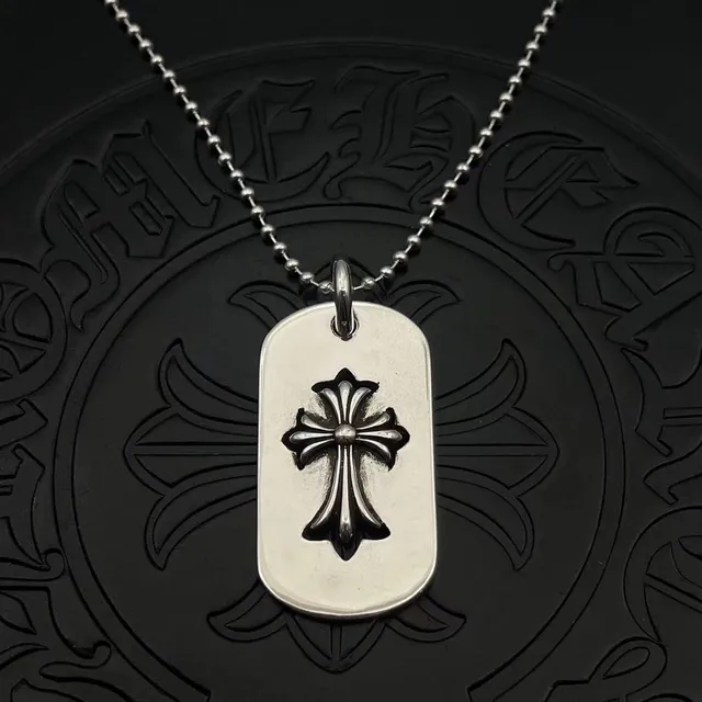 Chrome Hearts Argent Noir Dog Tag Pendentif Croix Gothique Surélevée Collier 1