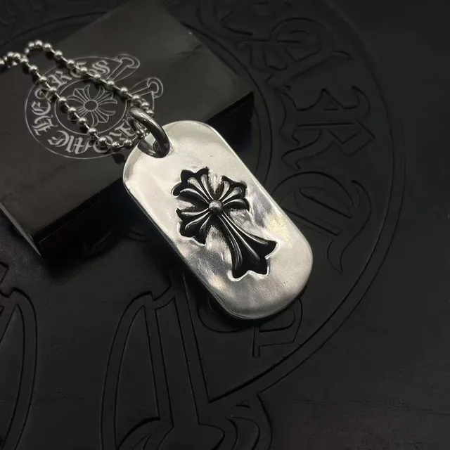 Chrome Hearts Argent Noir Dog Tag Pendentif Croix Gothique Surélevée Collier 5