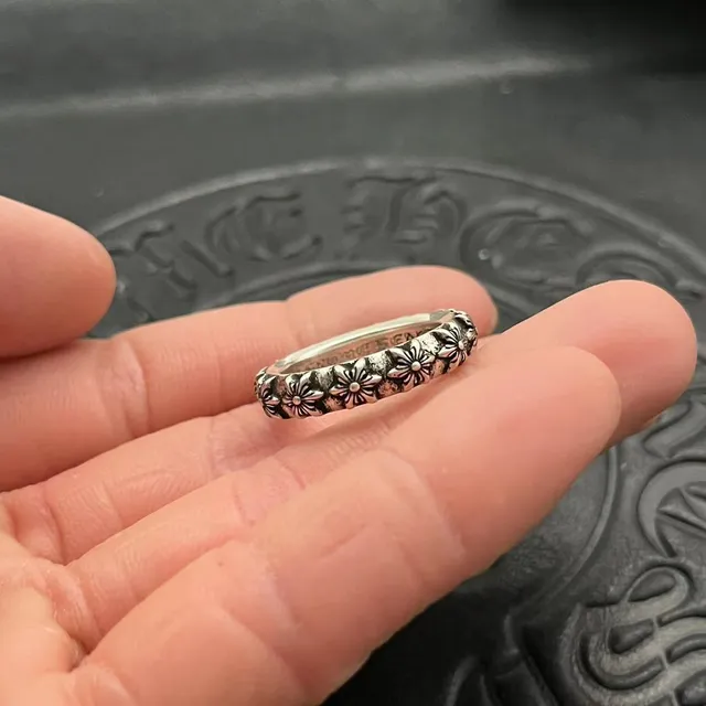 Chrome Hearts Bague Argent Noir Motif Floral Bande Détails de Marguerite Surélevés 2
