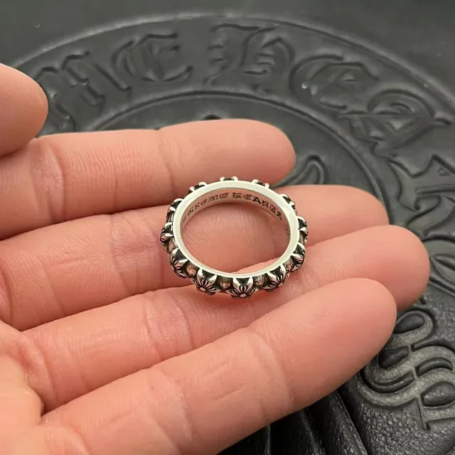 Chrome Hearts Bague Argent Noir Motif Floral Bande Détails de Marguerite Surélevés 3