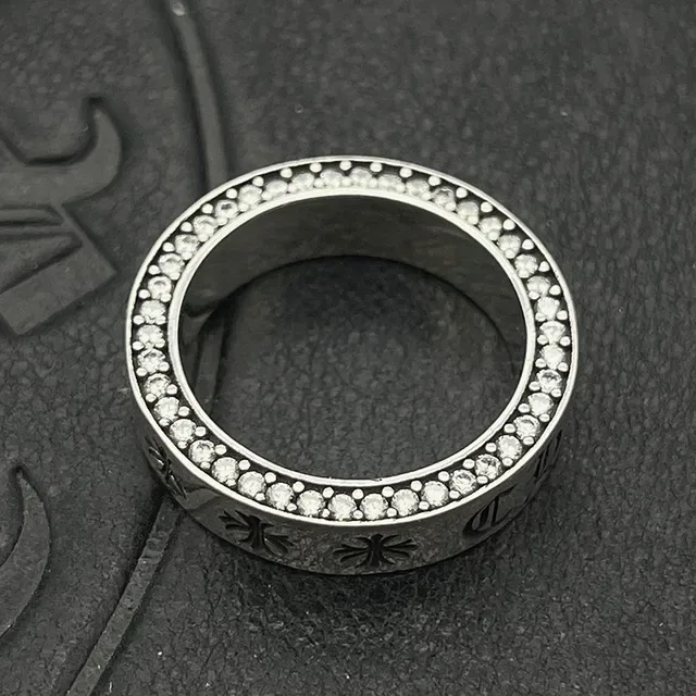 Chrome Hearts Silver Wide Band Pavé-Set Stones Ring 4