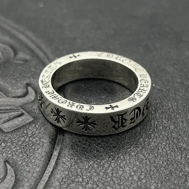 Chrome Hearts Silver Wide Band Pavé-Set Stones Ring 6