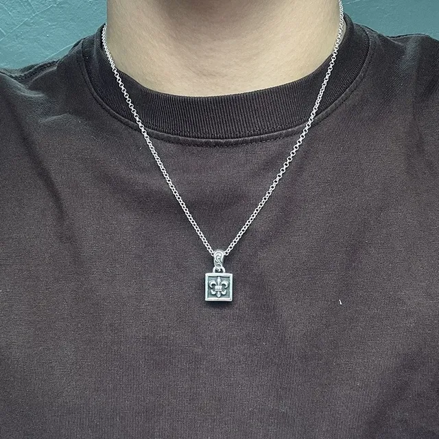 Chrome Hearts Square Pendant Silver Black Bezel Pendants Ornate Scroll Bails Necklace 2