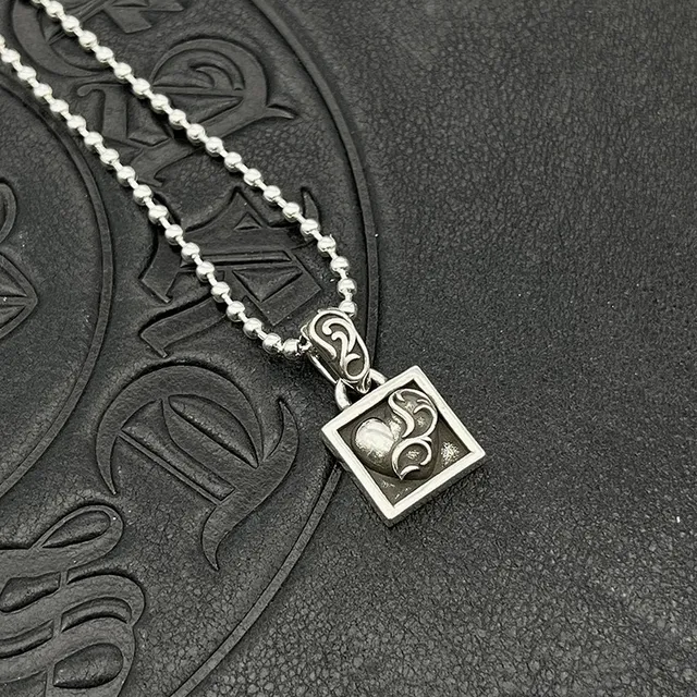 Chrome Hearts Square Pendant Silver Black Bezel Pendants Ornate Scroll Bails Necklace 4