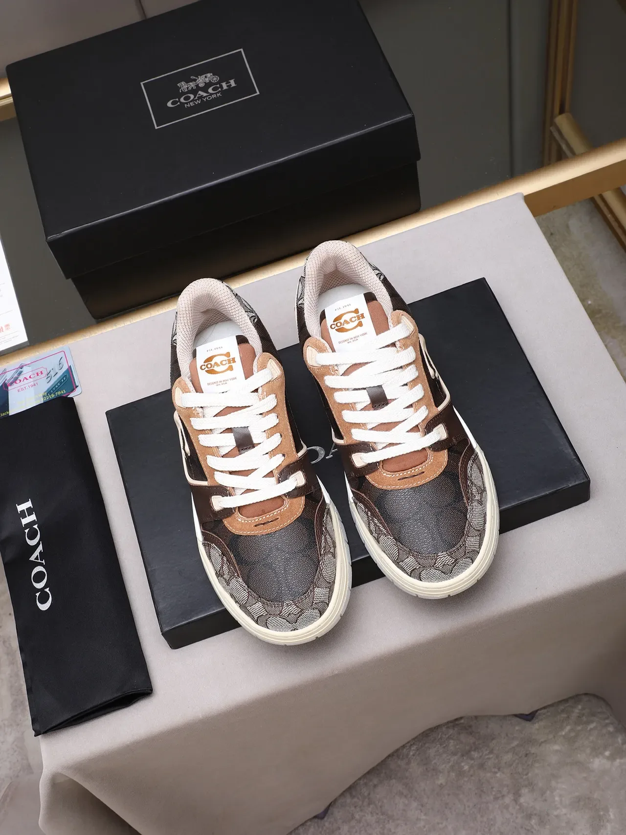 Coach Brown Beige Mixed-Material Upper Embossed C Logo Sneakers 2