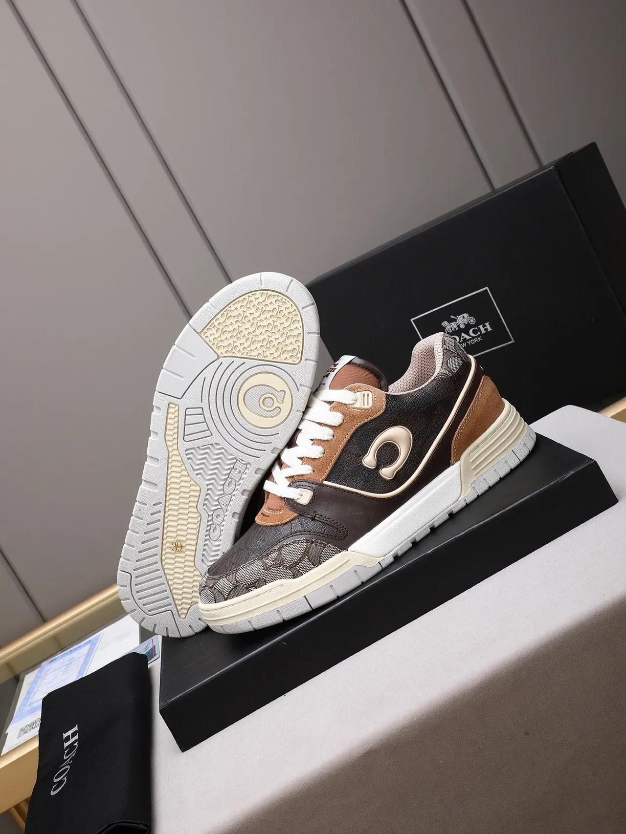 Coach Brown Beige Mixed-Material Upper Embossed C Logo Sneakers 4