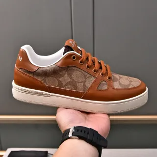 Coach Brown Beige Monogram Canvas Panel Tan Leather Overlays Lifestyle Sneakers