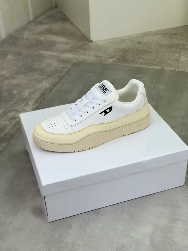 Diesel White Beige Leather Upper Perforated Toe Cap Lifestyle Sneakers 4
