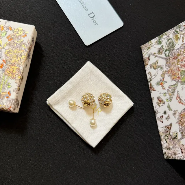 Christian Dior Gold White Double-Sided Pavé Crystal Sphere Earrings 2
