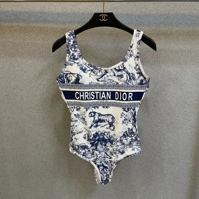 Christian Dior Maillot de bain High-Cut imprimé Toile blanc et bleu 7