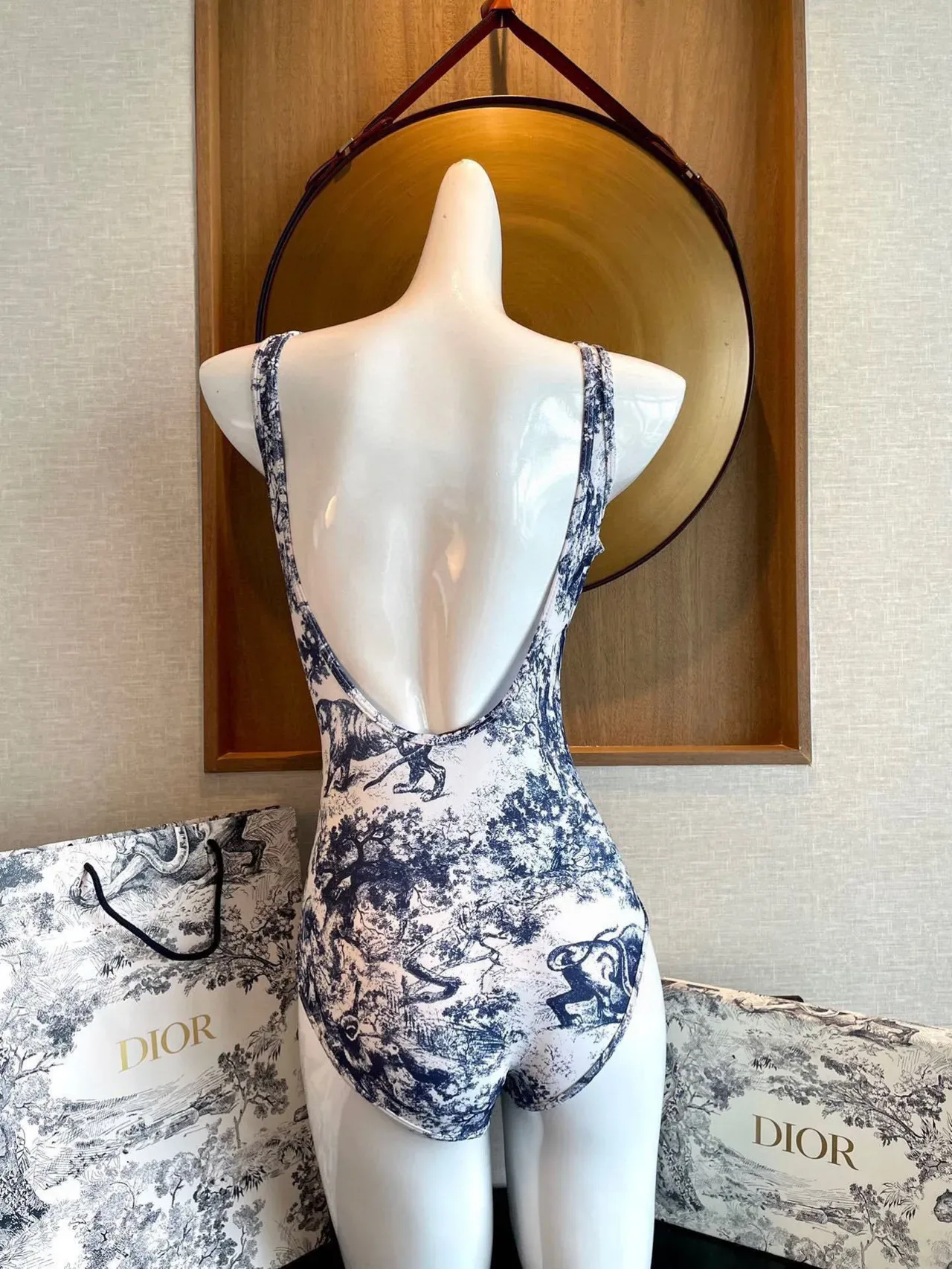 Christian Dior Maillot de bain High-Cut imprimé Toile blanc et bleu 8