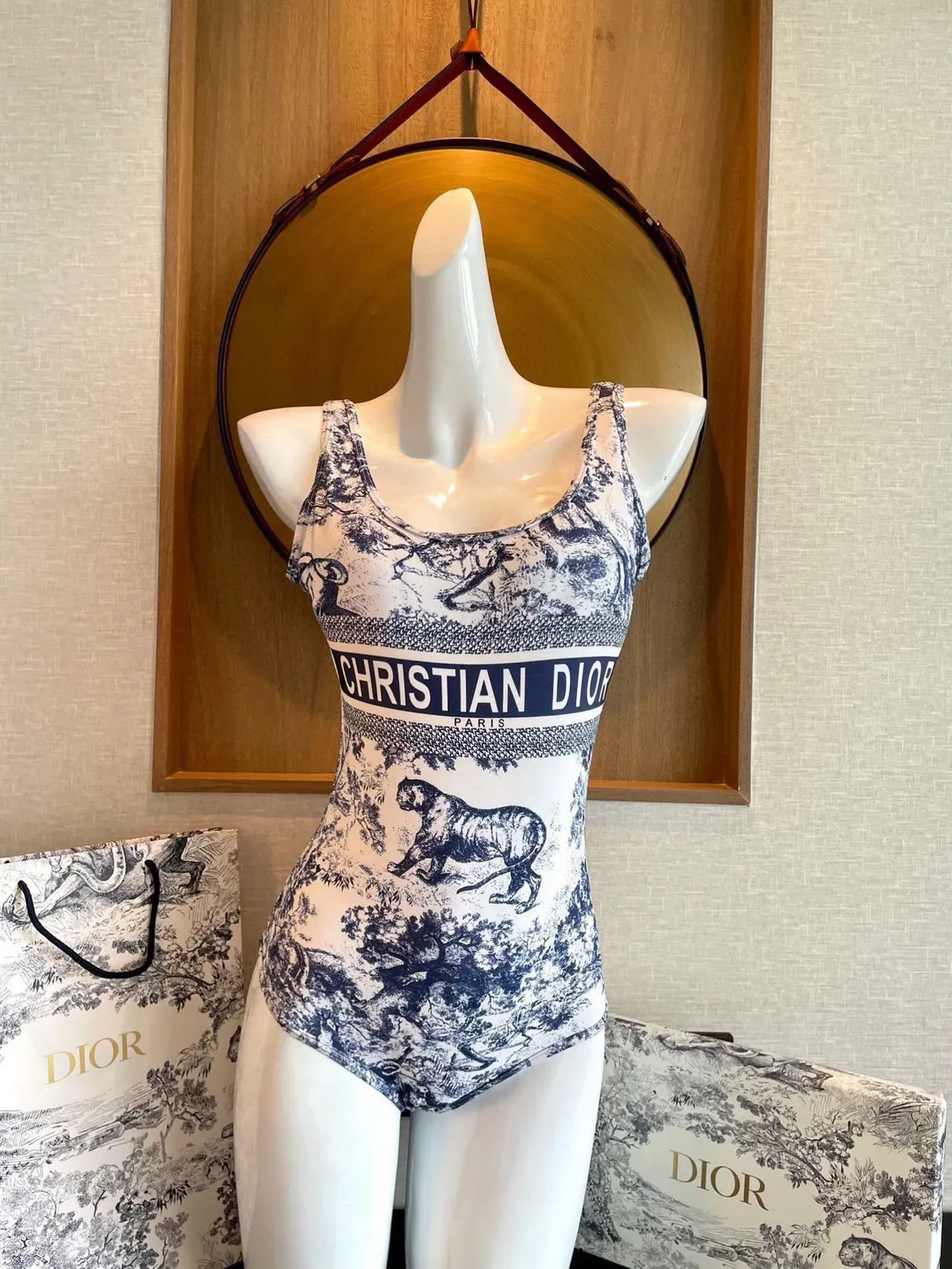 Christian Dior Maillot de bain High-Cut imprimé Toile blanc et bleu 9