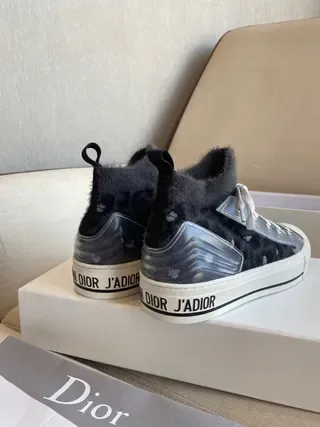 Dior B23 Black Fur-Trimmed High-Top Platform Lifestyle Sneakers 6