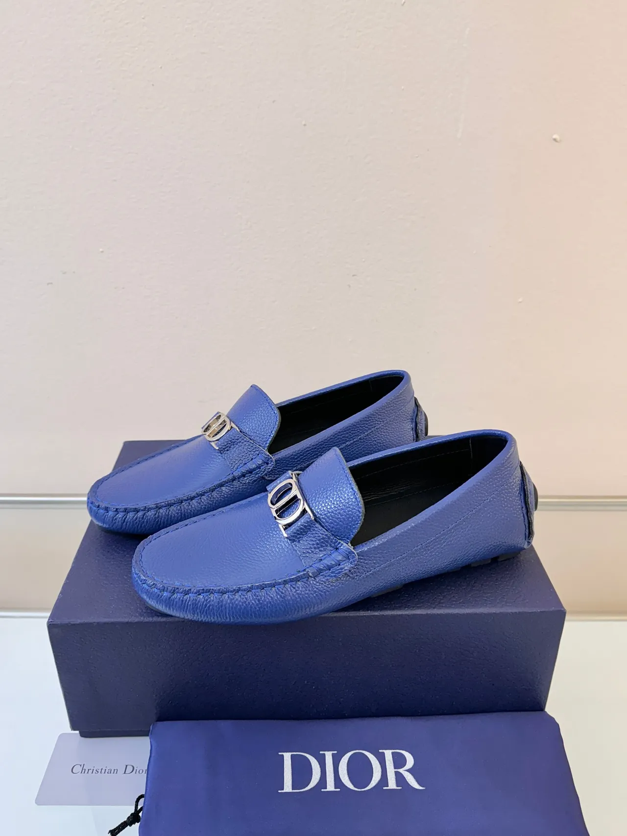 Dior B27 Blue Pebbled Leather Horsebit Loafers 2