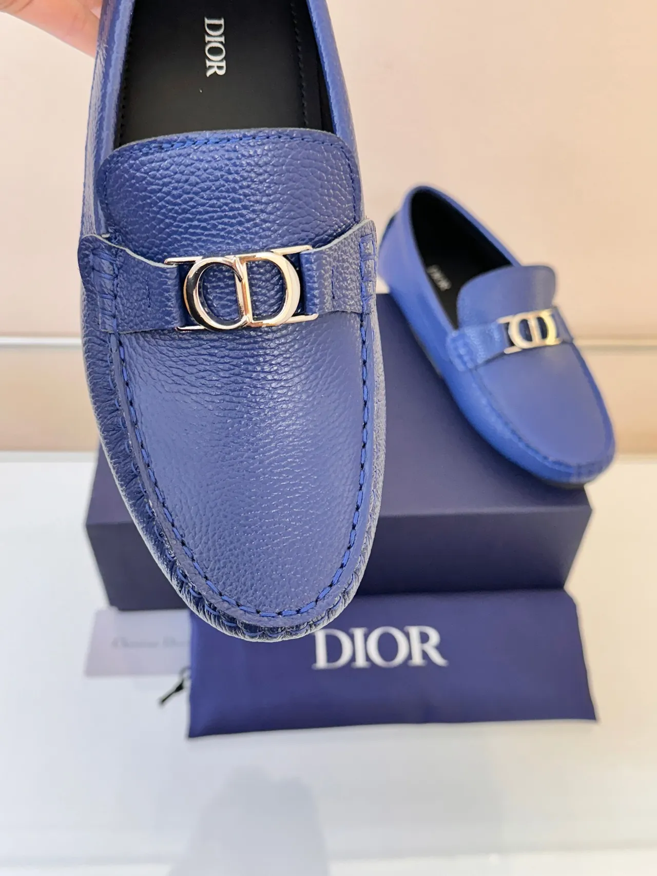 Dior B27 Blue Pebbled Leather Horsebit Loafers 3