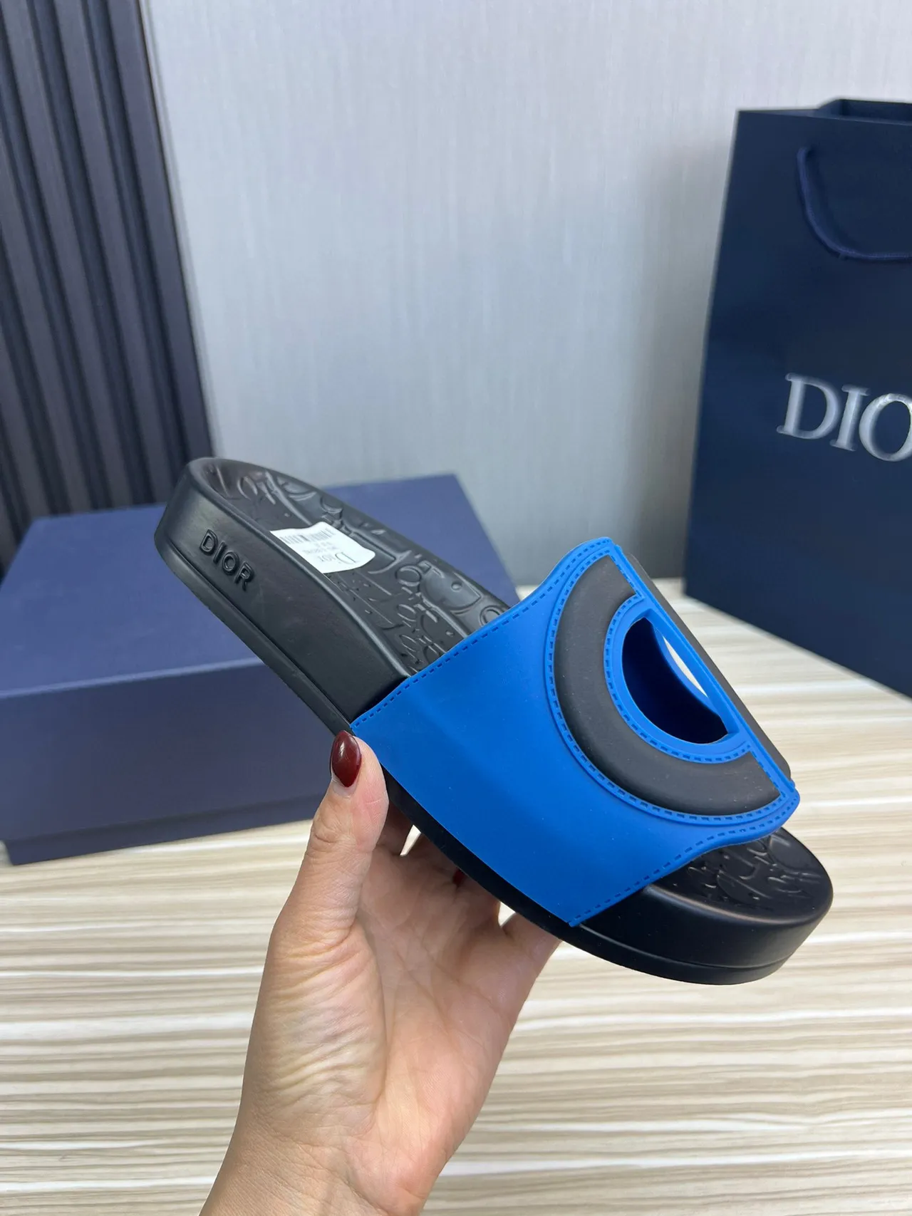 Dior B27 Oversized D-Logo Blue and Black Slippers 4