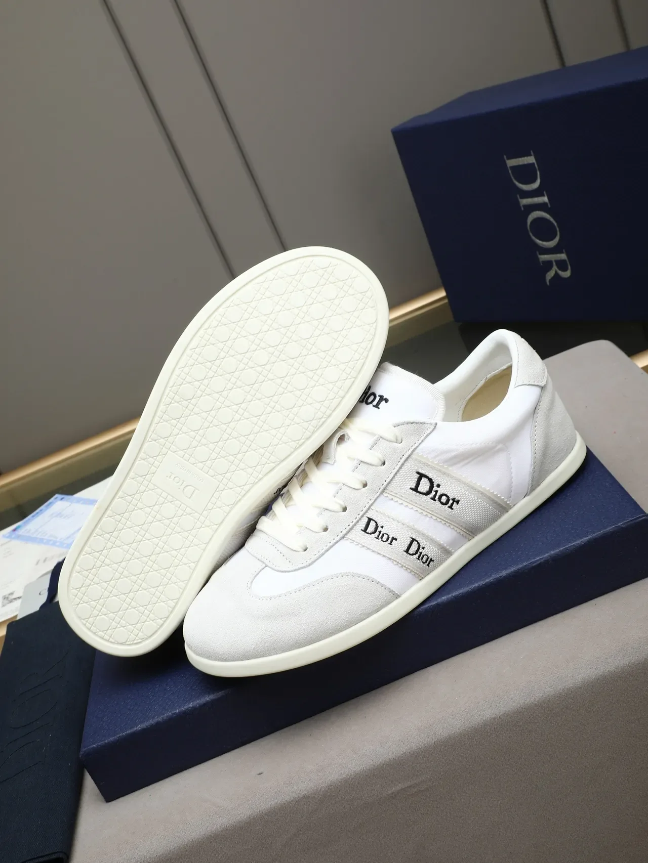 Dior B27 সাদা বেইজ লো-টপ সুয়েড এবং টেক্সটাইল আপার লাইফস্টাইল স্নিকার্স 5