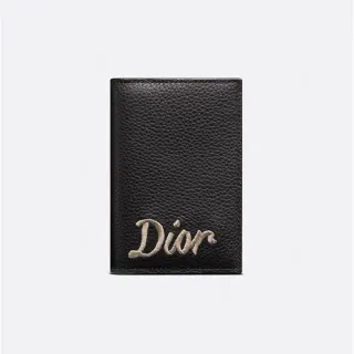 Dior Black Beige Pebbled Leather Embroidered Logo Card Holder